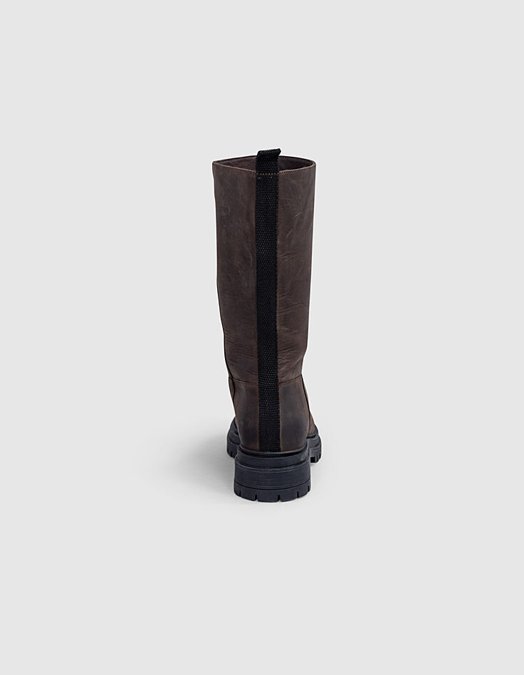 Bottes mi hautes en cuir chocolat semelles crantées femme-3