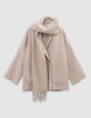 Damen ecrufarbener Mantel mit doppeltem Fransenschal-1