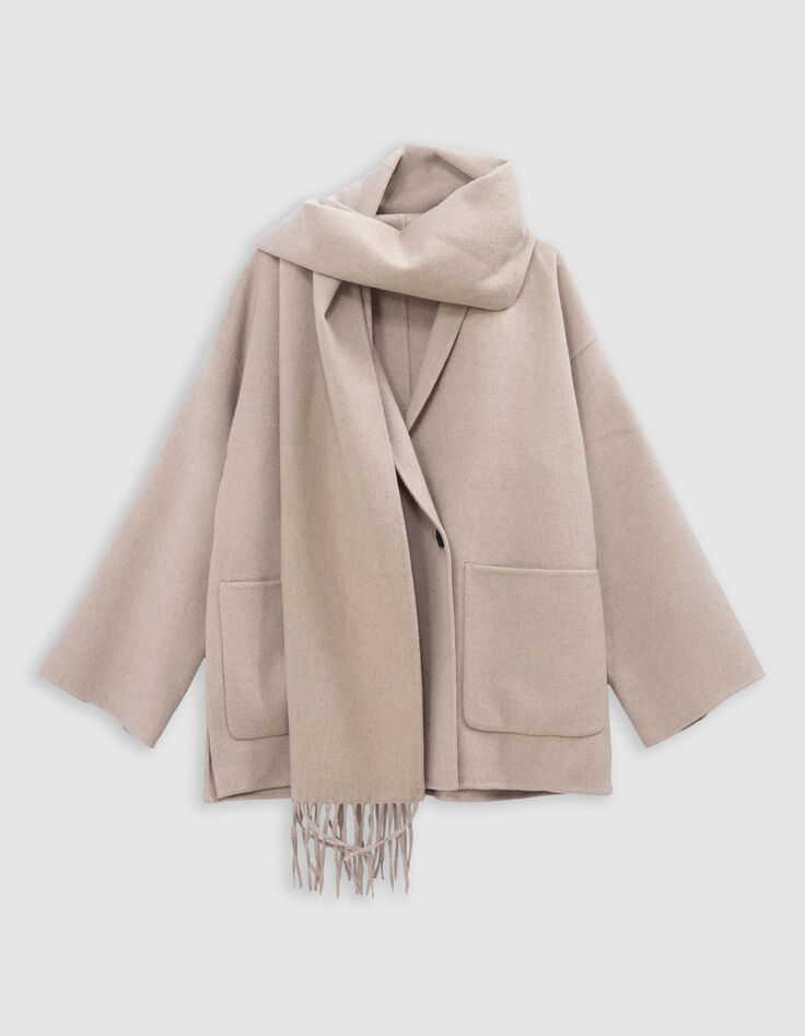 Damen ecrufarbener Mantel mit doppeltem Fransenschal-1