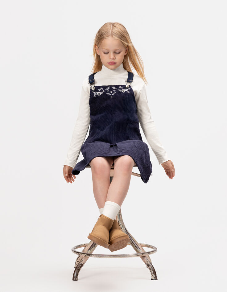 Girls’ 2-in-1 navy velvet dress and white T-shirt-2