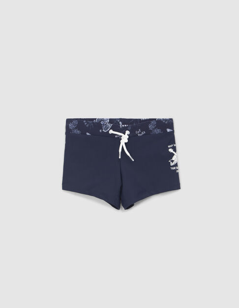 Marineblaue Jungenbadeshorts mit gemustertem Bund