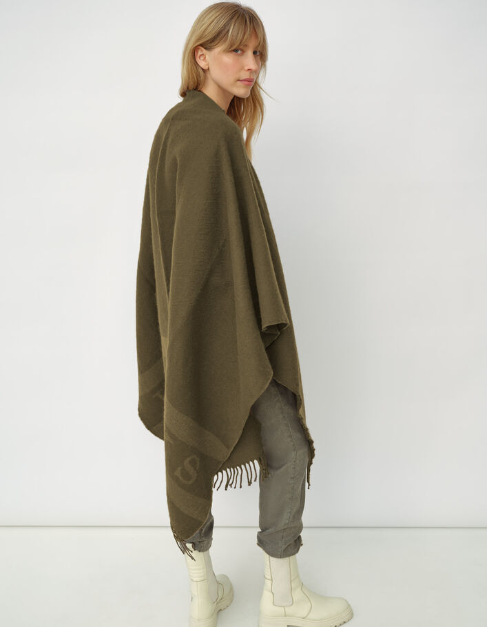 Poncho kaki motif jacquard IKKS frangés femme-1