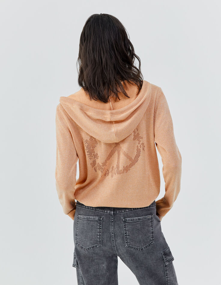 Rosé-beige Damenstrickjacke mit Kapuze und Glitzer-3