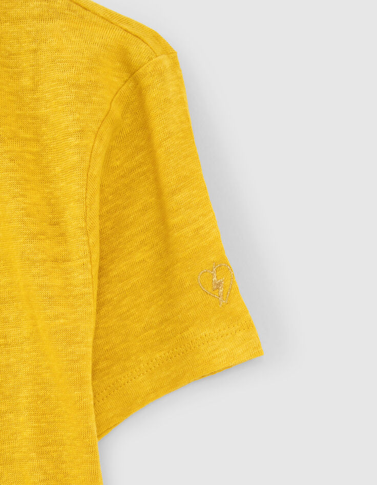 Tee-shirt jaune en lin broderie cœur éclair Femme-3
