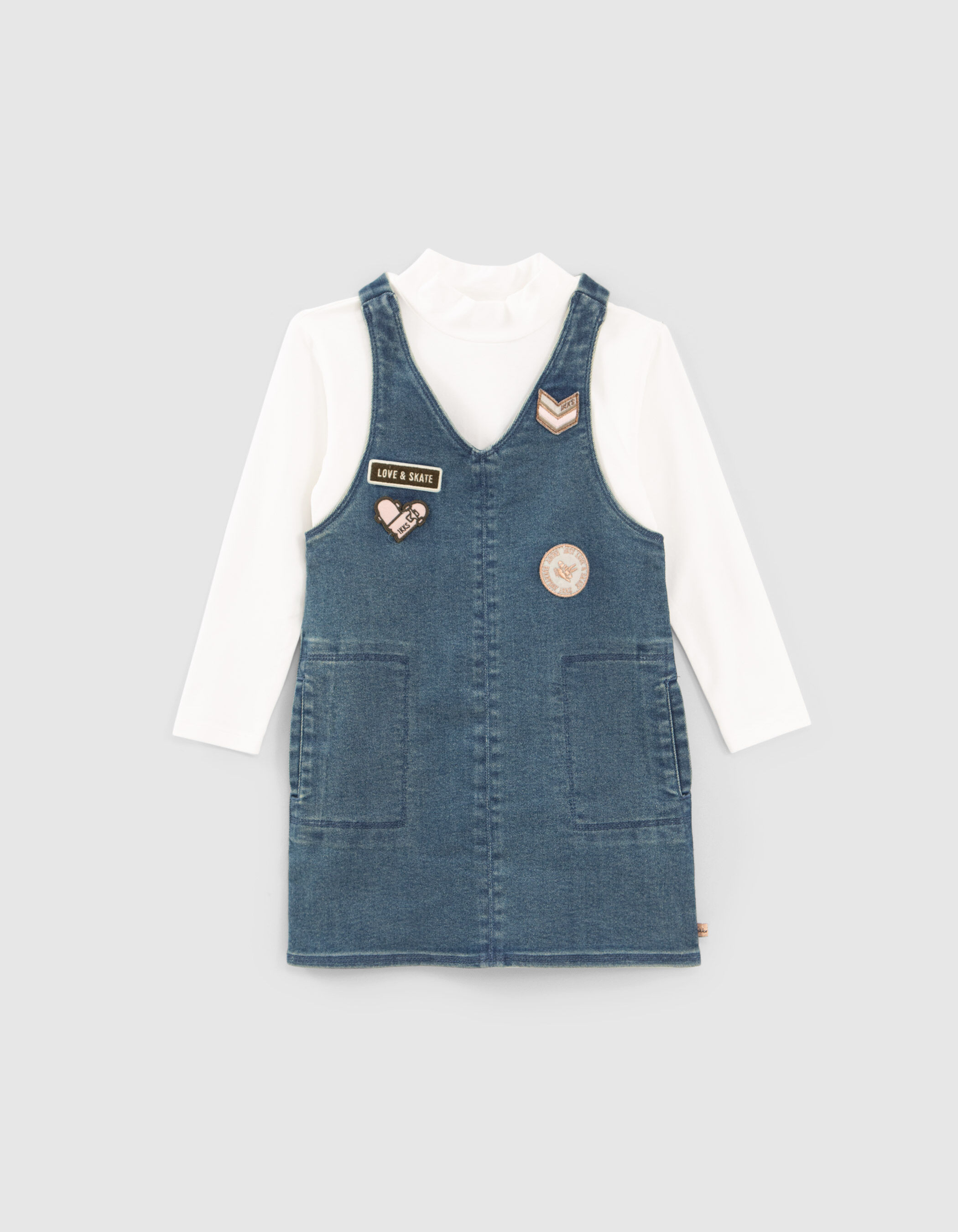 Robe 2 en 1 en jean bleu et T shirt a col brode fille IKKS