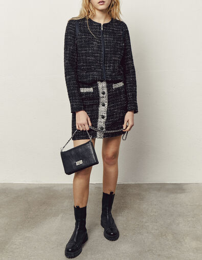 Korte tweed damesrok, zwart en wit, knopen - IKKS