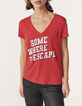 Tee-shirt rock col V en coton rouge feu message femme-1