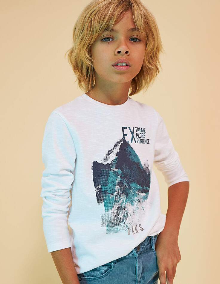 Tee-shirt blanc cassé à visuel montagne garçon -1