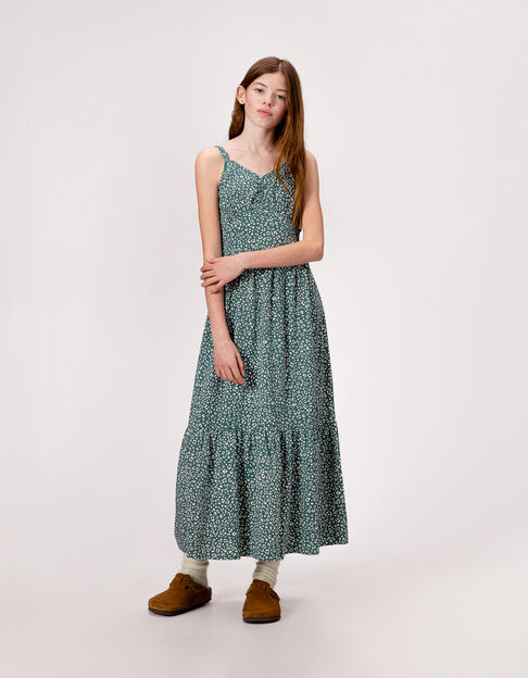 Robe longue fines bretelles verte imprimé léopard fille - IKKS
