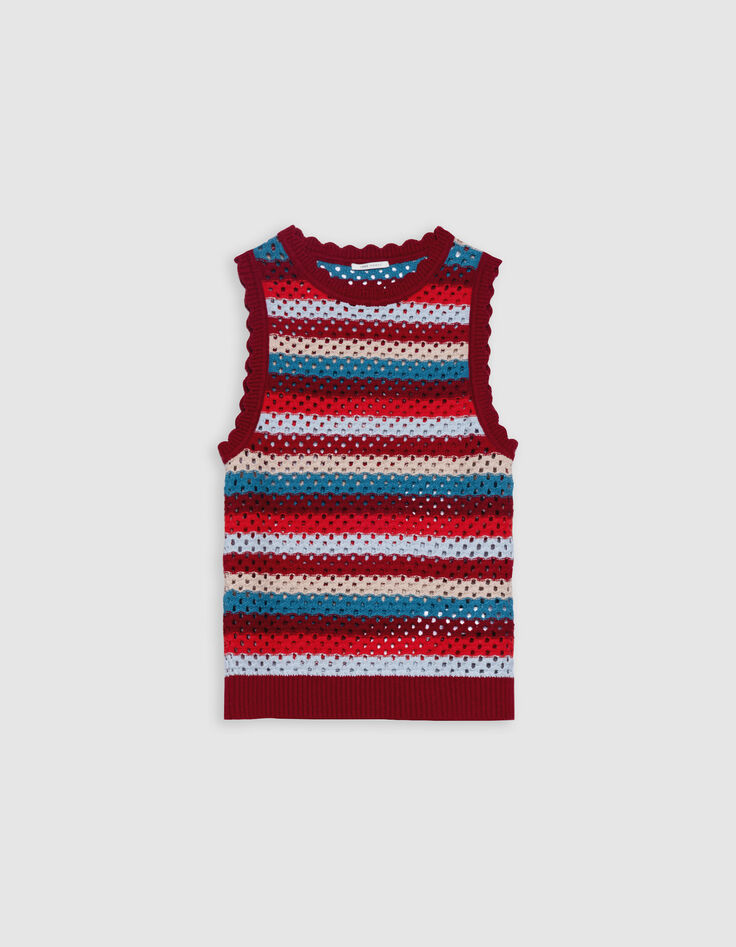 Top rouge tricot ajour&eacute; motif rayures Femme-6
