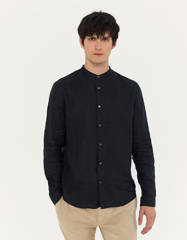 Camisa REGULAR negra lino cuello Mao Hombre-2