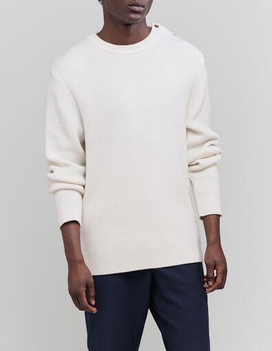 Pull blanc cass&eacute; tricot boutons &eacute;paule Homme - IKKS