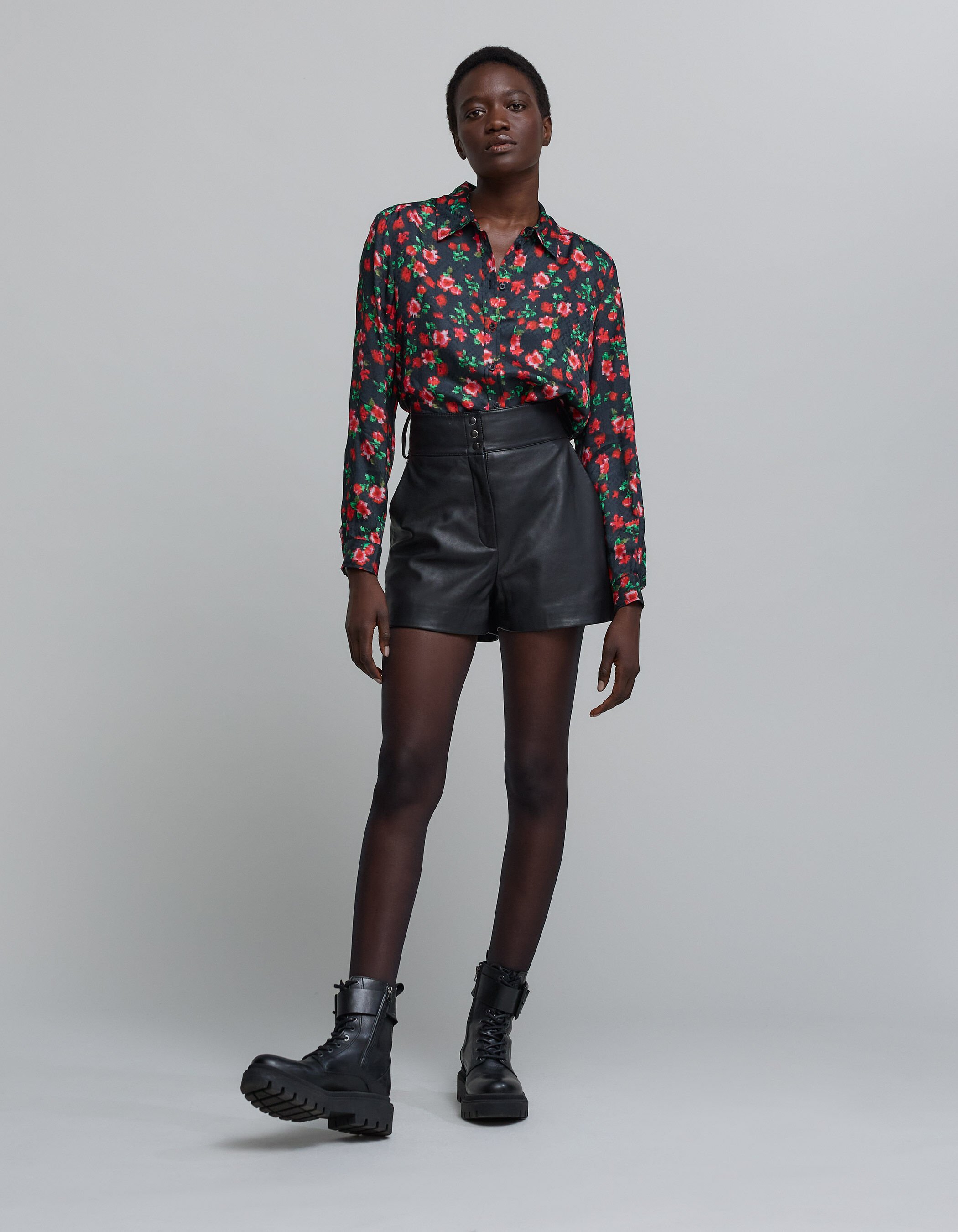 Women's flower pixel print black shirt