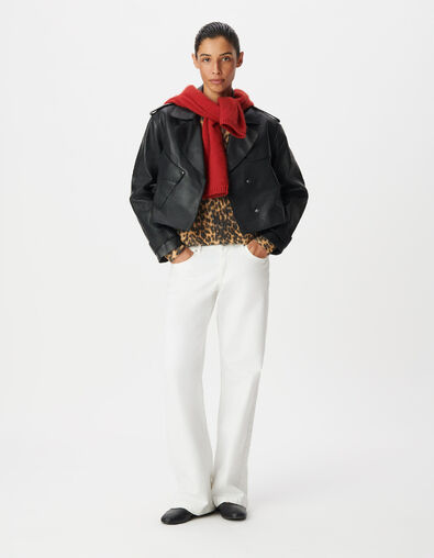 Veste cuir noir bavolet et poche biais Femme - IKKS