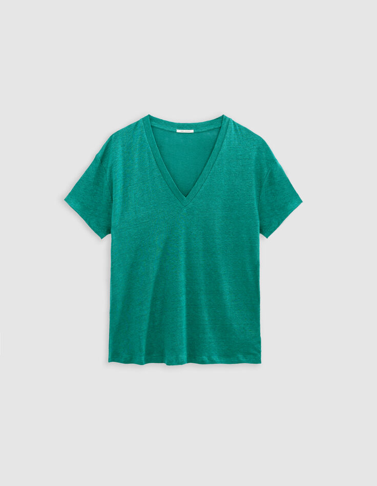 Tee-shirt col V turquoise maille de lin Femme-5