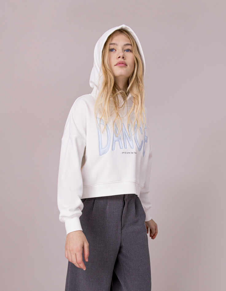 Ecru sweater met blauwe geborduurde maxi-tekst meisjes-2