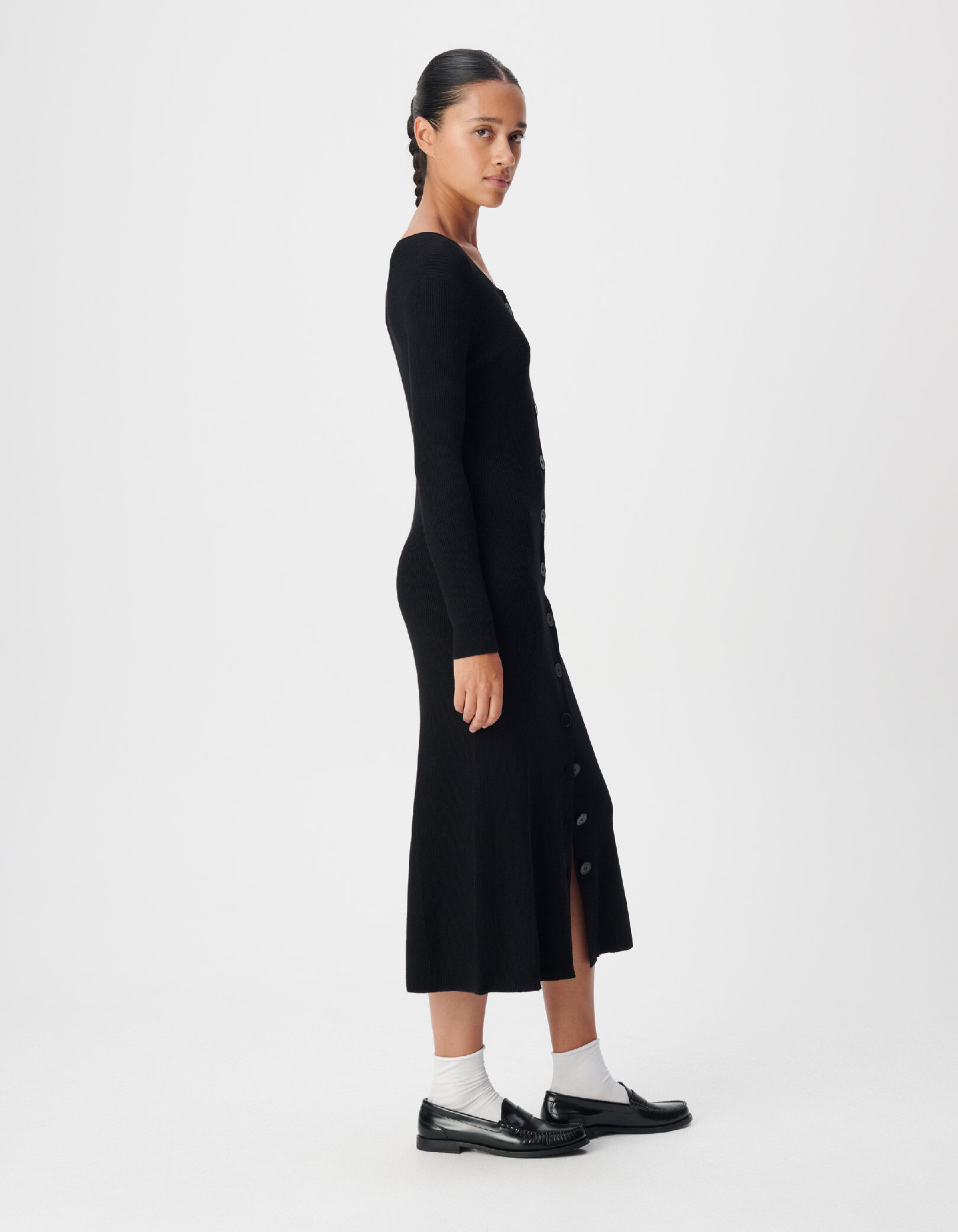 Women's Long Black Button-Down Dress in Flat Rib Knit IKKS