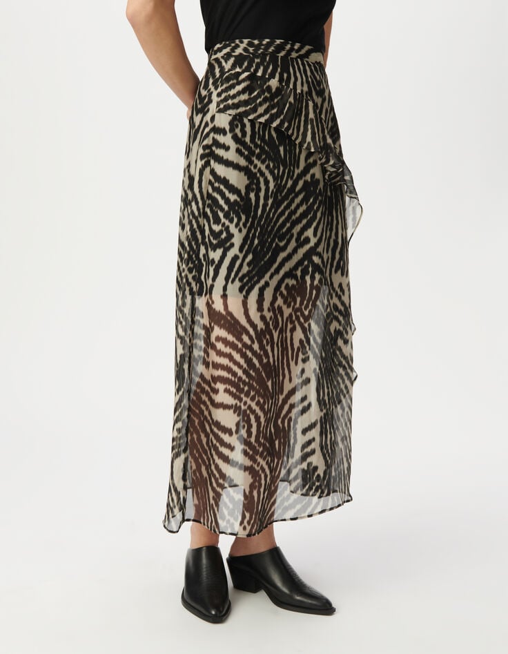 Women’s black ruffled long skirt with zebra print-2 Women’s black ruffled long skirt with zebra print-2
