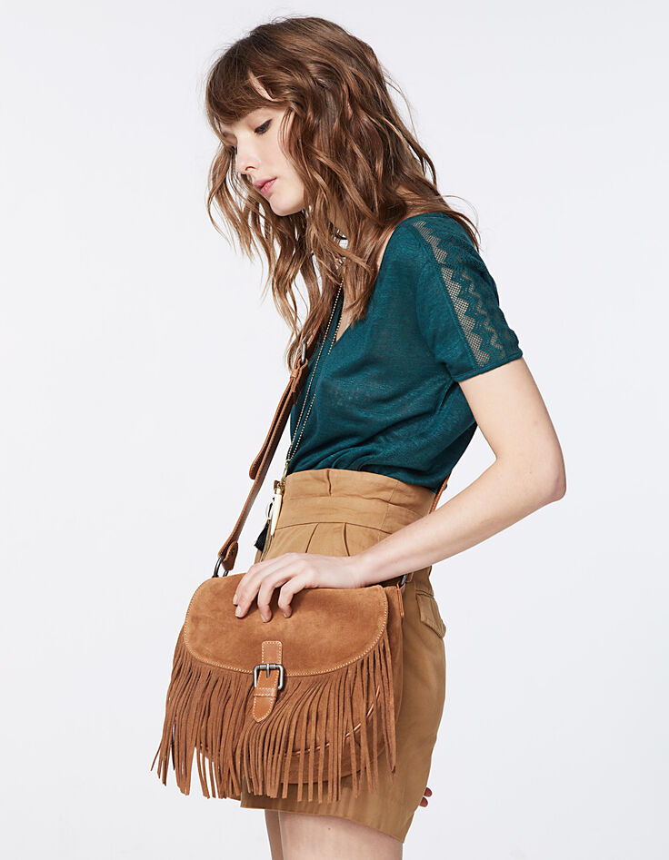 Sac besace The Waiter en cuir camel détails franges femme-6