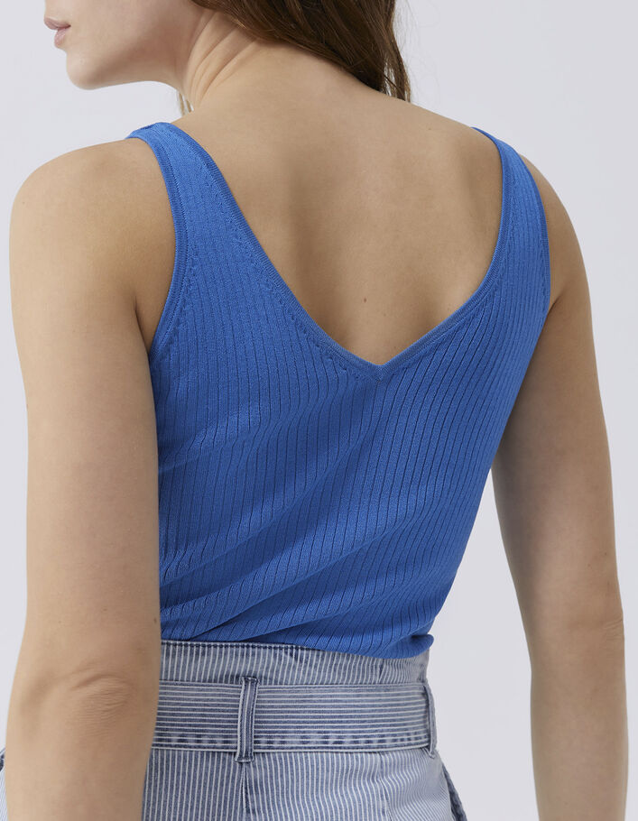 Women’s blue ribbed knit front/back V-neck top - IKKS