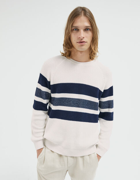 Men’s off-white knit sweater with navy sailor stripes