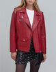 Veste cuir rouge esprit motard poches zippées Femme-2