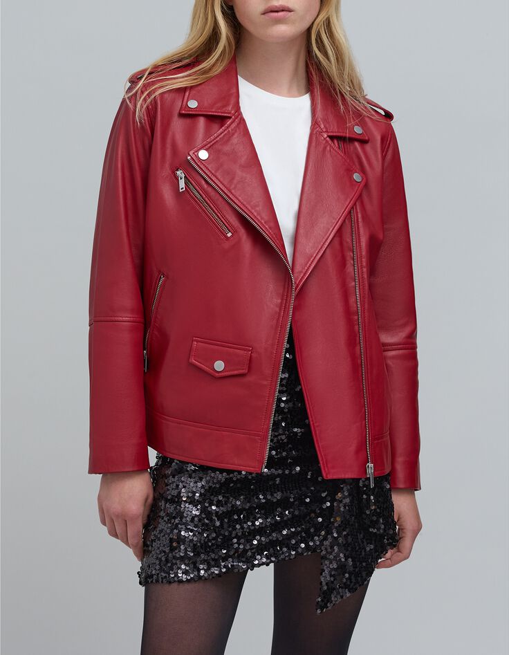 Veste cuir rouge esprit motard poches zippées Femme-2 Veste cuir rouge esprit motard poches zippées Femme-2