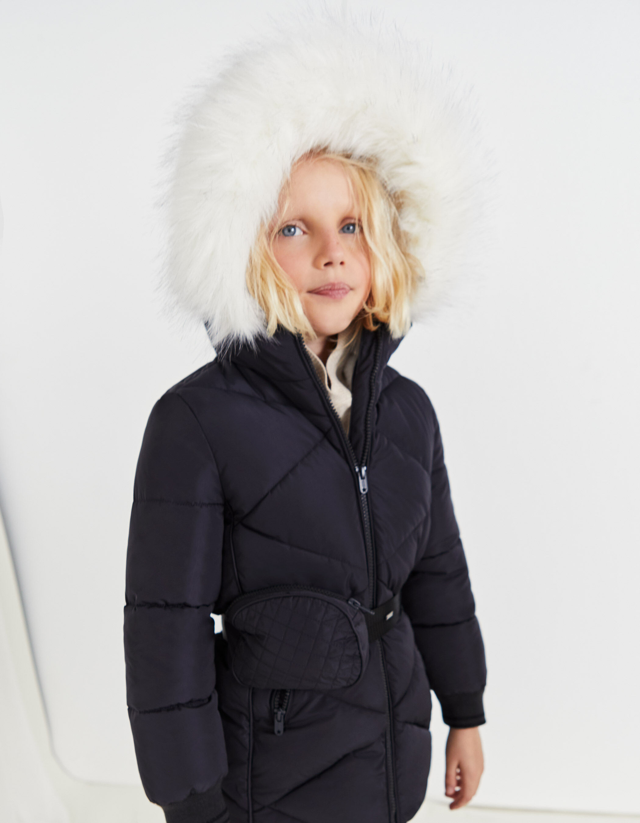 Girls charcoal grey long padded jacket with waist bag