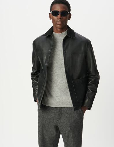 Schwarze Herrenjacke Leder Rippkragen - IKKS