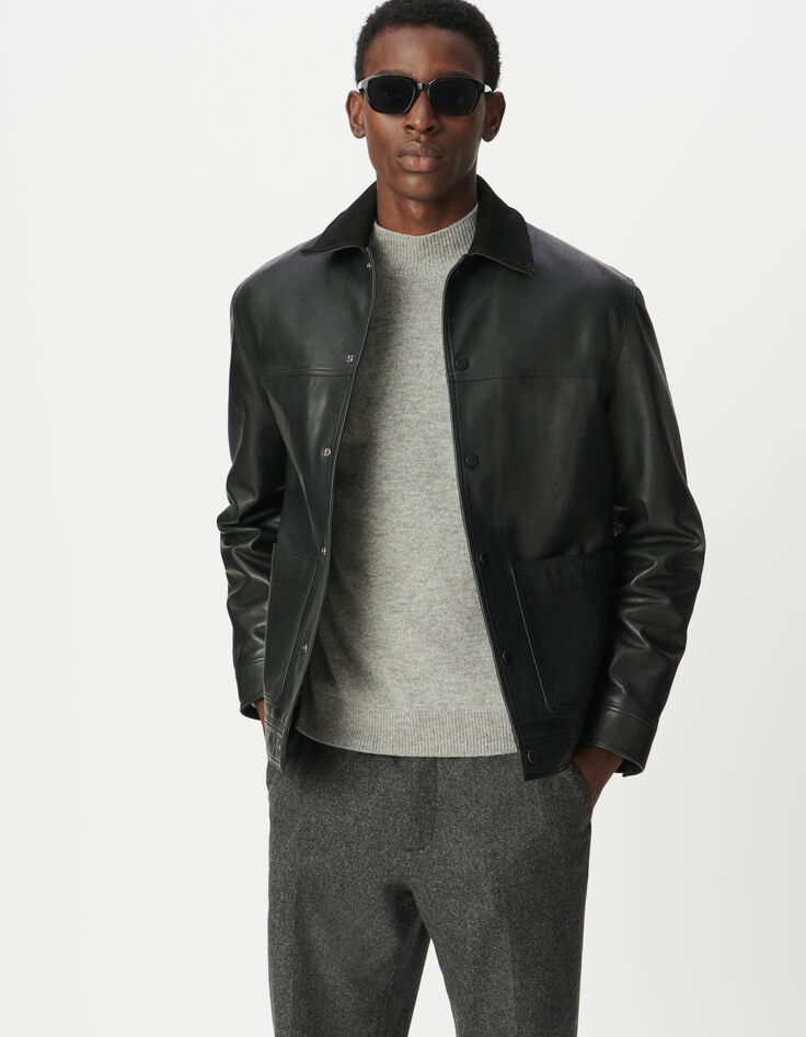 Schwarze Herrenjacke Leder Rippkragen-1
