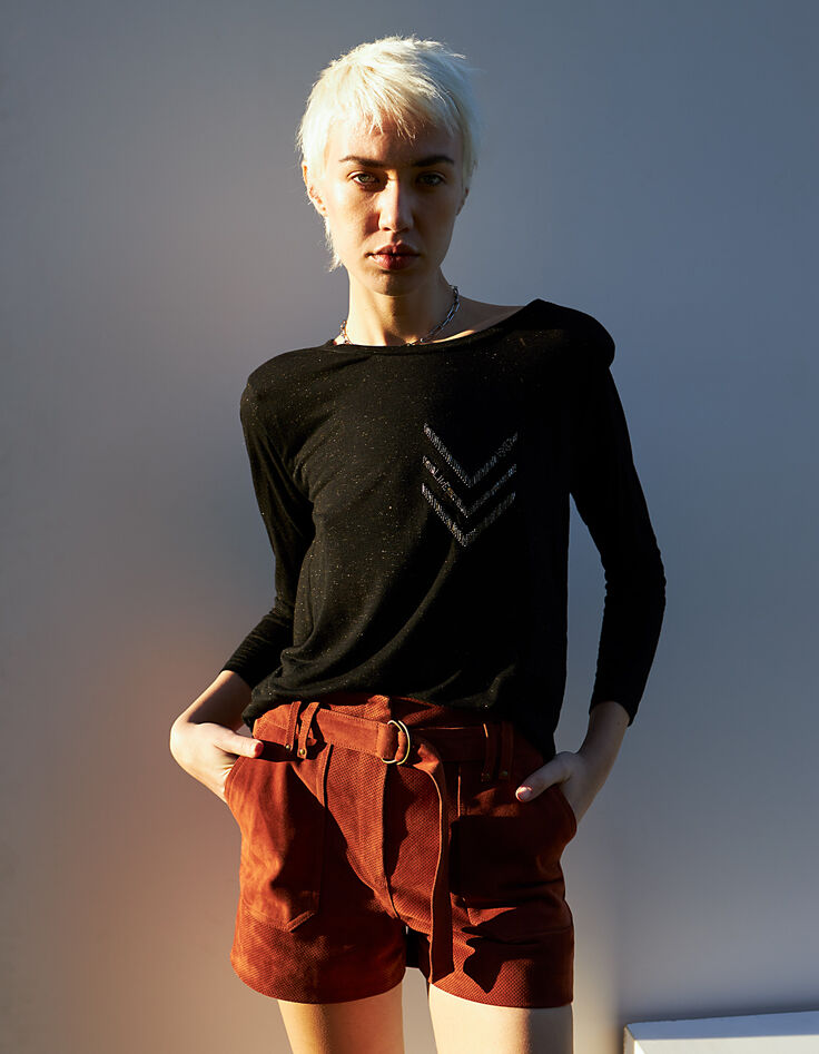Short taille mi-haute en cuir de chèvre velours femme-7