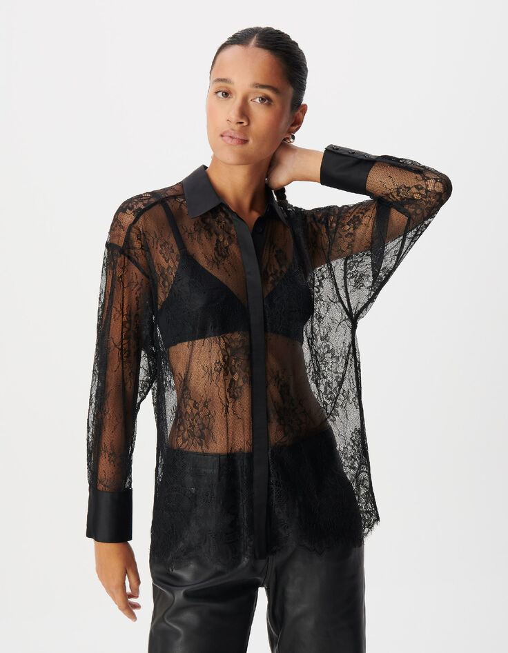 Chemise dentelle noire col satin&eacute; Femme-4