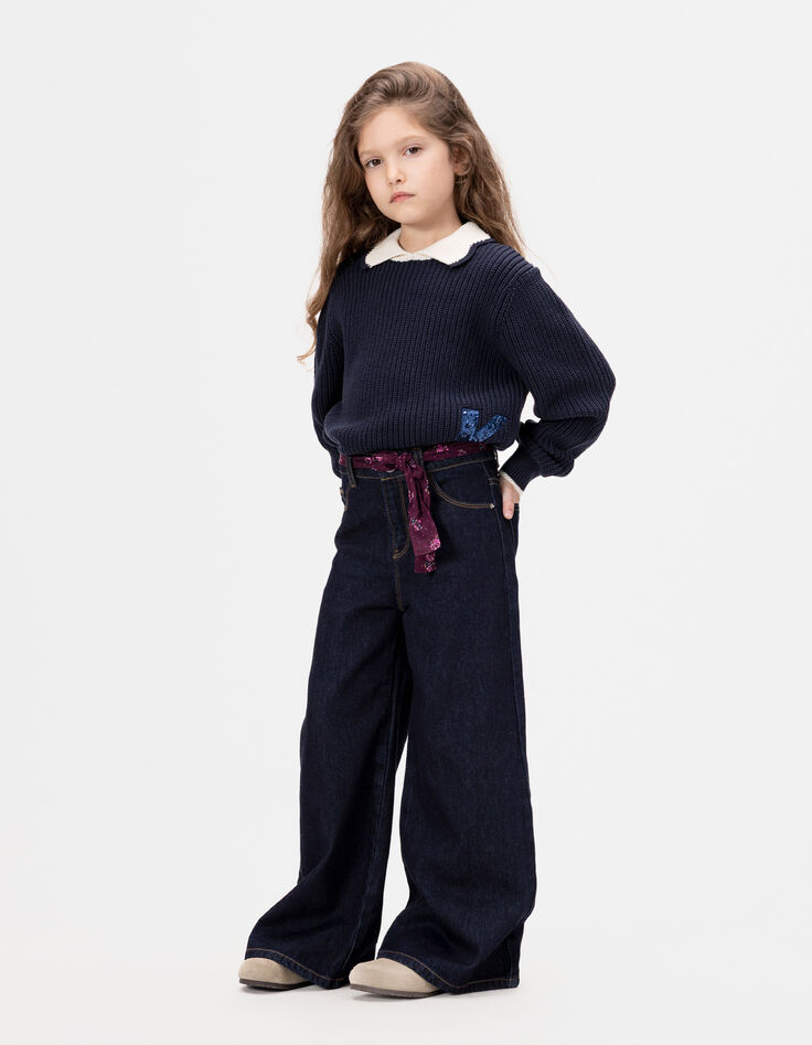 Blaue weite Mädchenjeans Blulen-Tuch-Gürtel-1
