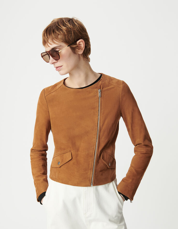 Blouson en cuir cognac femme-5