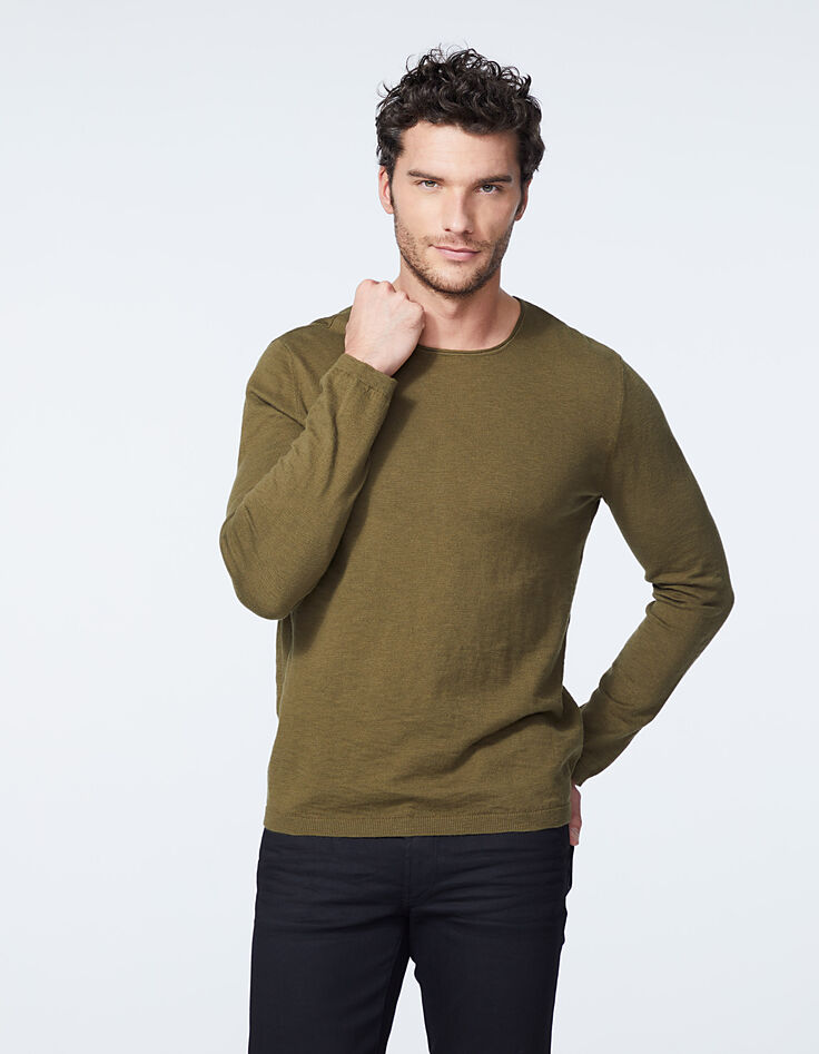 Pull kaki tricot fin slub Homme-2