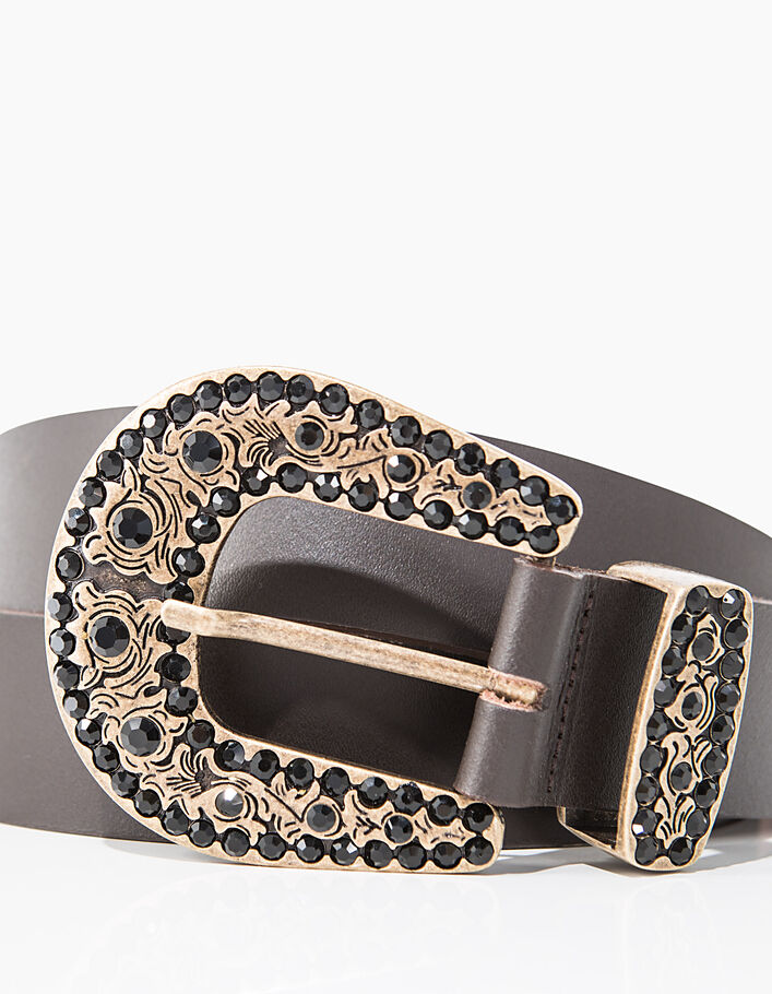Women’s chocolate leather belt, jewelled cowboy buckle - IKKS
