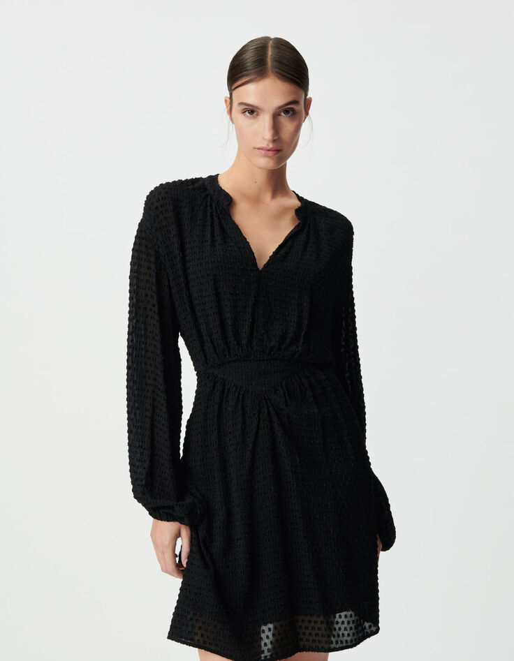 Vestido negro con cuello en V y mangas largas para mujer-4