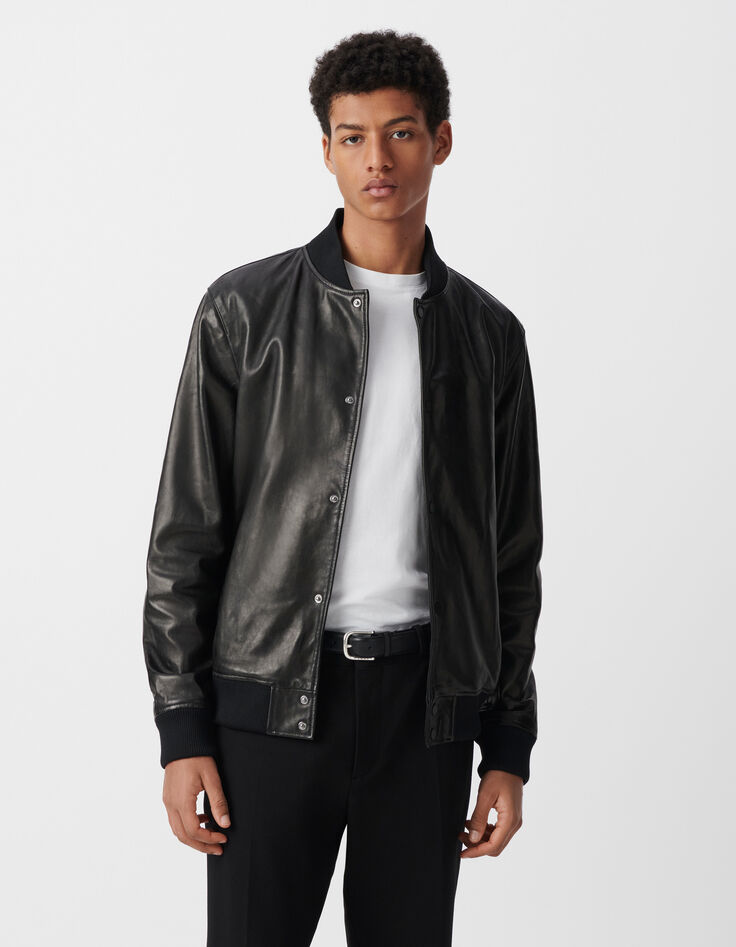 Bomber noir en cuir à parmenture amovible Homme-2