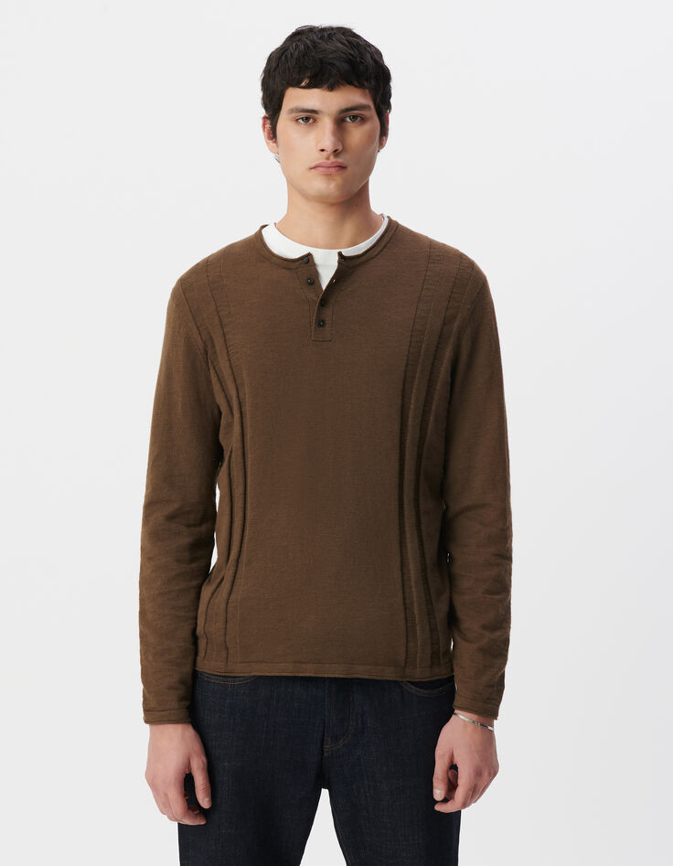 Herrenpullover, khaki, Biowolle, Feinstrick, Tunikakragen-2