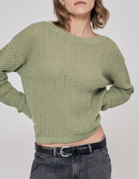 Jersey caqui punto puntadas y cadenas en mangas mujer