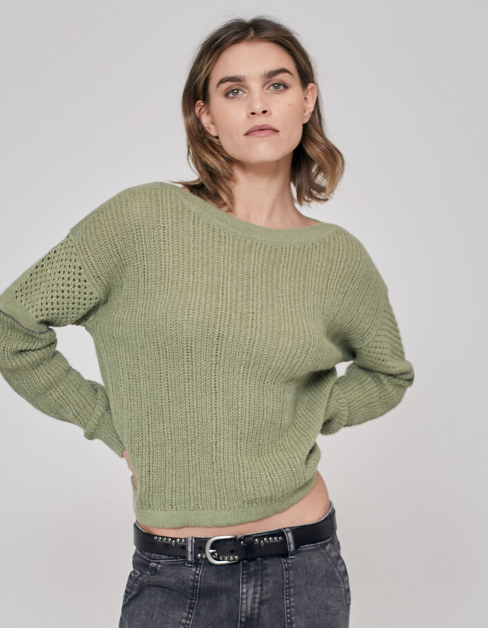 Women’s khaki knit sweater with stitch detail and chains - IKKS