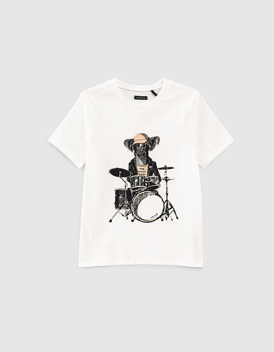 Cremeweißes Jungen-T-Shirt, Hunde-Schlagzeuger-Motiv, Bio  - IKKS