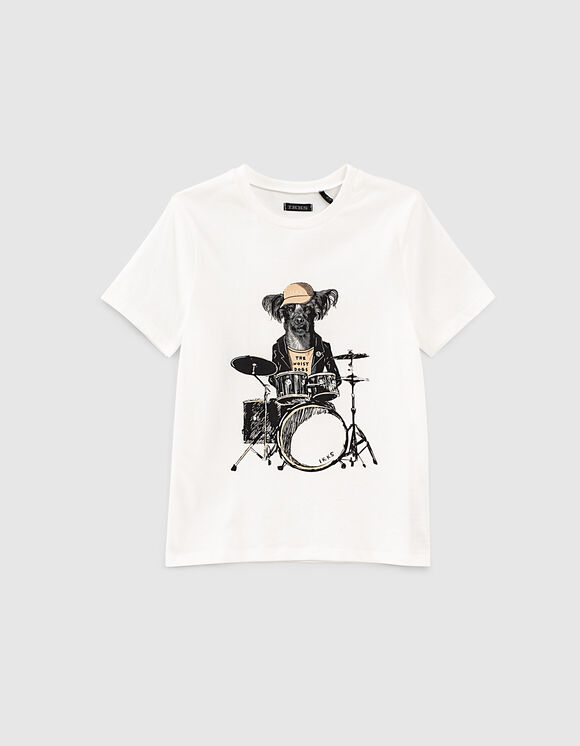 Cremeweißes Jungen-T-Shirt, Hunde-Schlagzeuger-Motiv, Bio 