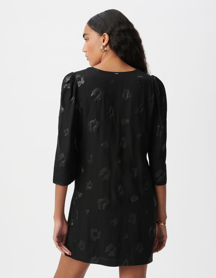 Vestido cruzado negro con estampado de leopardo y lentejuelas bordadas para mujer-3