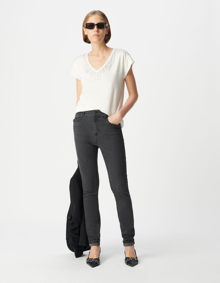 Graue schmale Powerstretch-Jeans mit Schnürungstaschen Damen-1