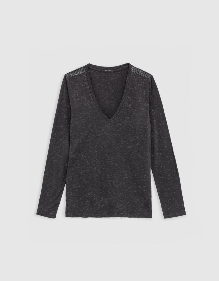 Graues T-Shirt aus Lurex-Strick mit Gourmet-Dekor f&uuml;r Damen-6