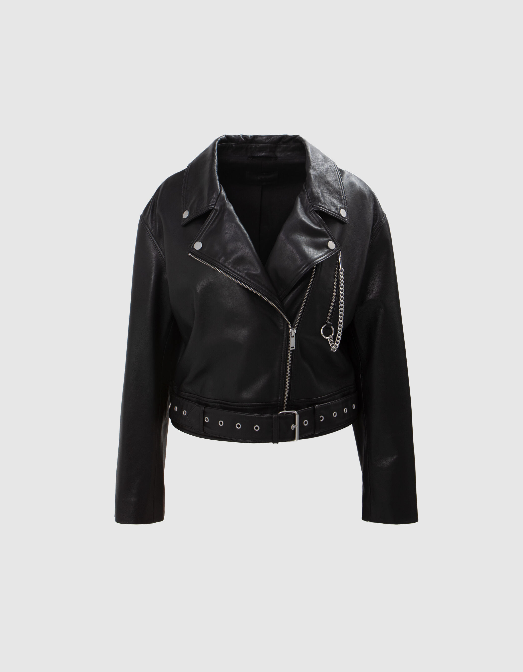 Veste cuir noir esprit motard chevrons clous Femme IKKS