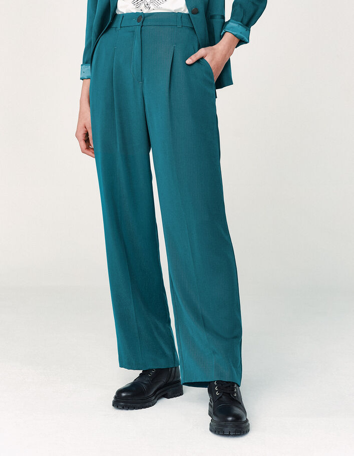 Soepele smaragdblauwe geklede broek in tencel riem dames-2