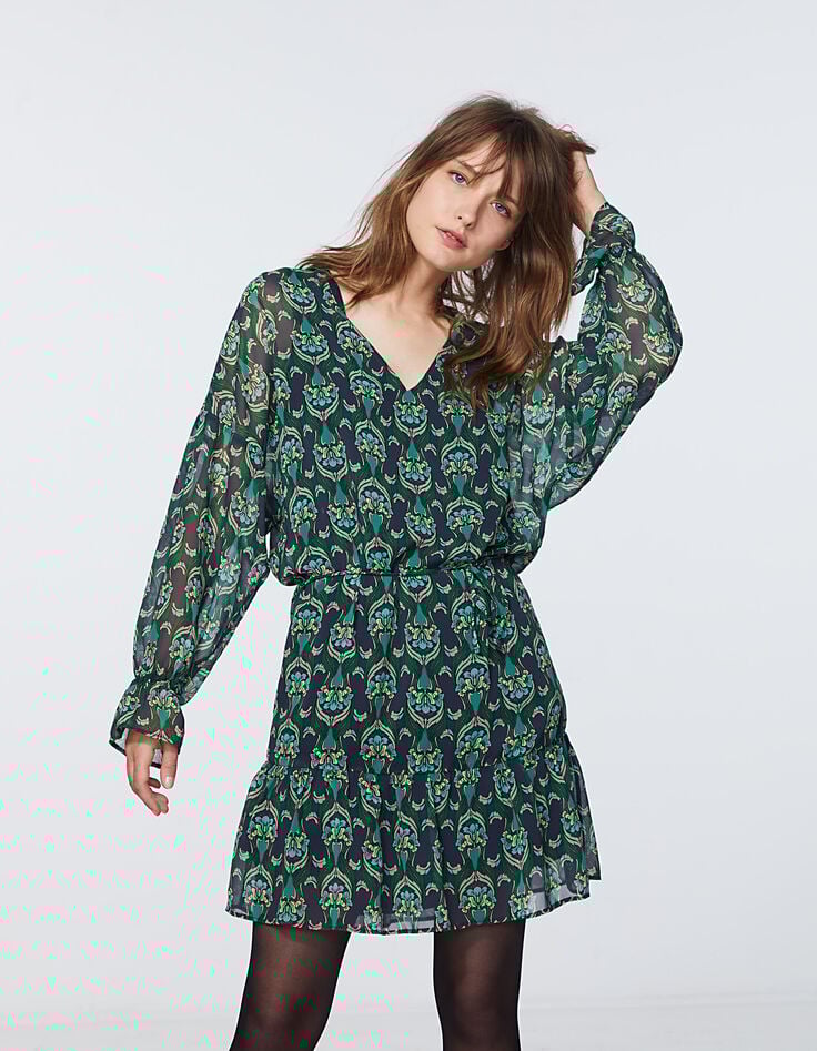 Robe droite col V en voile imprimé peacok femme-2 Robe droite col V en voile imprimé peacok femme-2