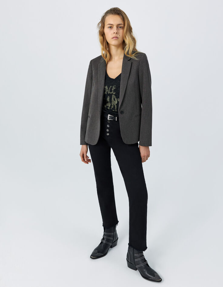Tee-shirt loose noir pailleté à message et broderie Femme-3